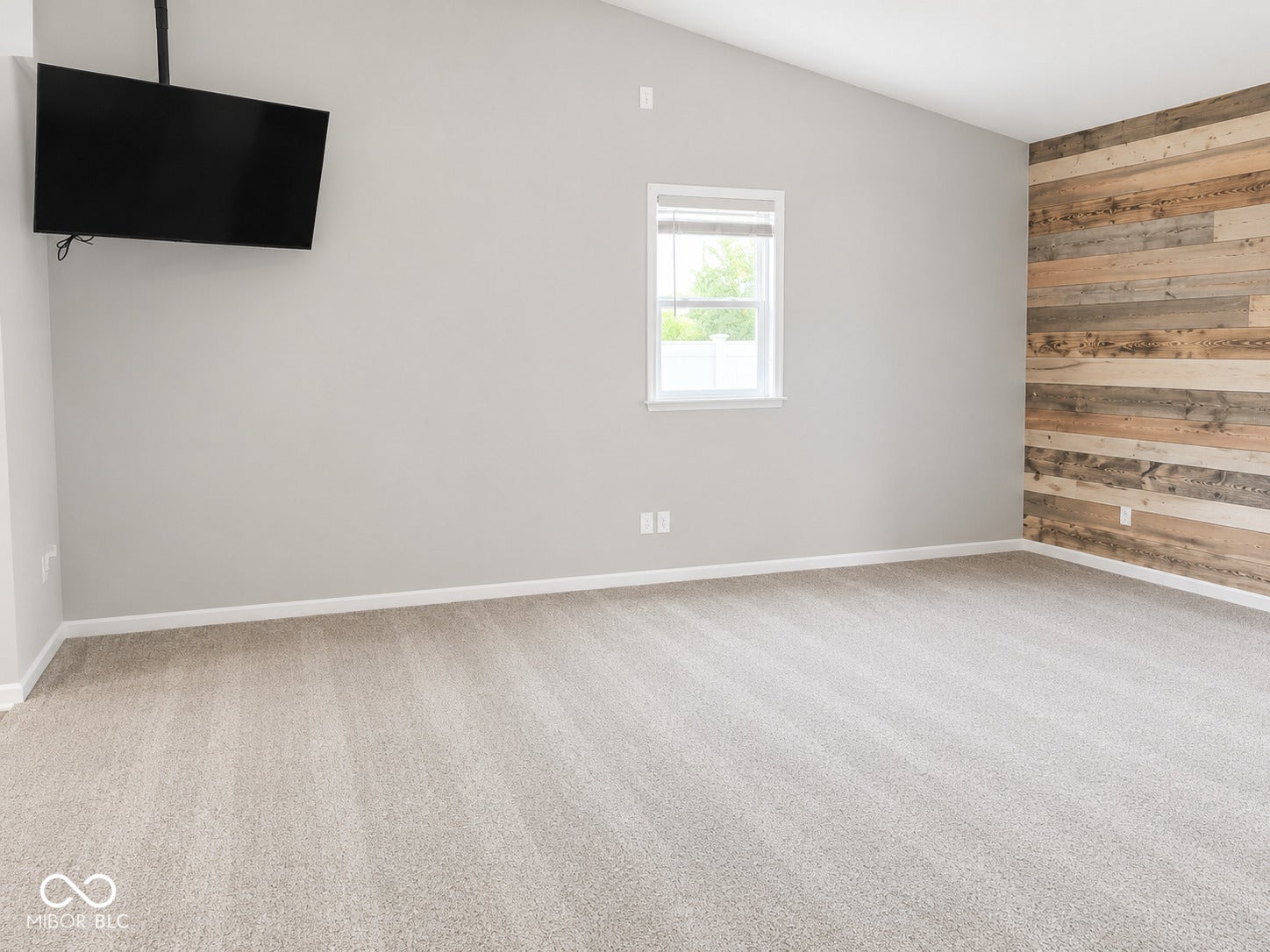 Vaulted ceiling with a wood-finish accent wall, light-colored carpeting, and a wall-mounted television bracket