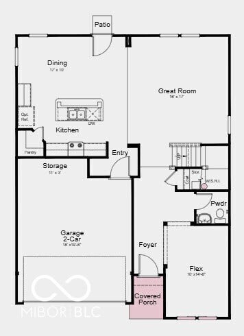First Floor Plan - Additional Highlights Include: smooth wall shower at primary bath, 12x12 uncovered patio, and extended RevWood flooring to great room