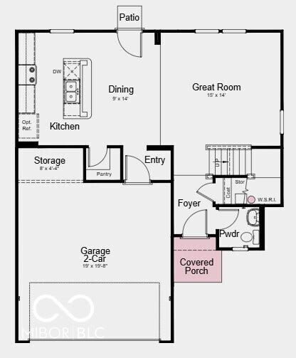 First Floor Plan - Additional Highlights Include: dual sinks at primary bath, 12x12 uncovered patio, Revwood flooring throughout first floor, 36" upper kitchen cabinets, and garage door opener