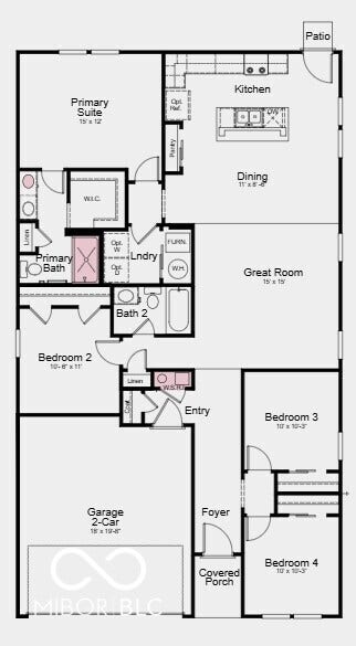 Floor Plan - Additional Highlights Include: 60" vanity with double sink at primary bath, smooth wall shower in place of tub shower combo at primary bath, gas line in kitchen, water softener rough-in, upgraded kitchen cabinets, and 9' ceilings
