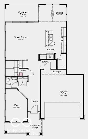 First Floor Plan - Additional Highlights Include: water softener rough-in, gas line and 110V outlet in kitchen, 84" vanity at primary bath, kitchen island wrap, 10' ceiling at first floor, and 9' ceilings at second floor
