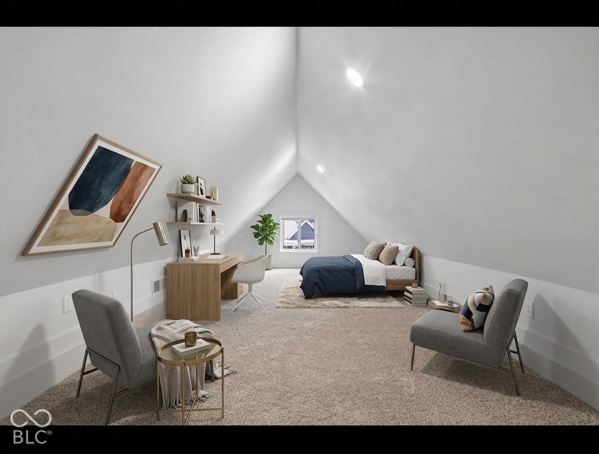 Vaulted ceiling, recessed lighting, window, built-in shelving, and carpeting