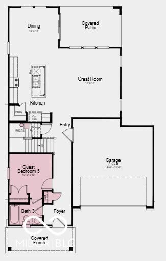 First Floor Plan - Additional Highlights Include: water softener rough-in at the storage under stairs, 84" vanity in primary bath, 60" tiled stand up shower with bench and shelf in primary bath, 10' ceilings downstairs, and 9' ceilings upstairs