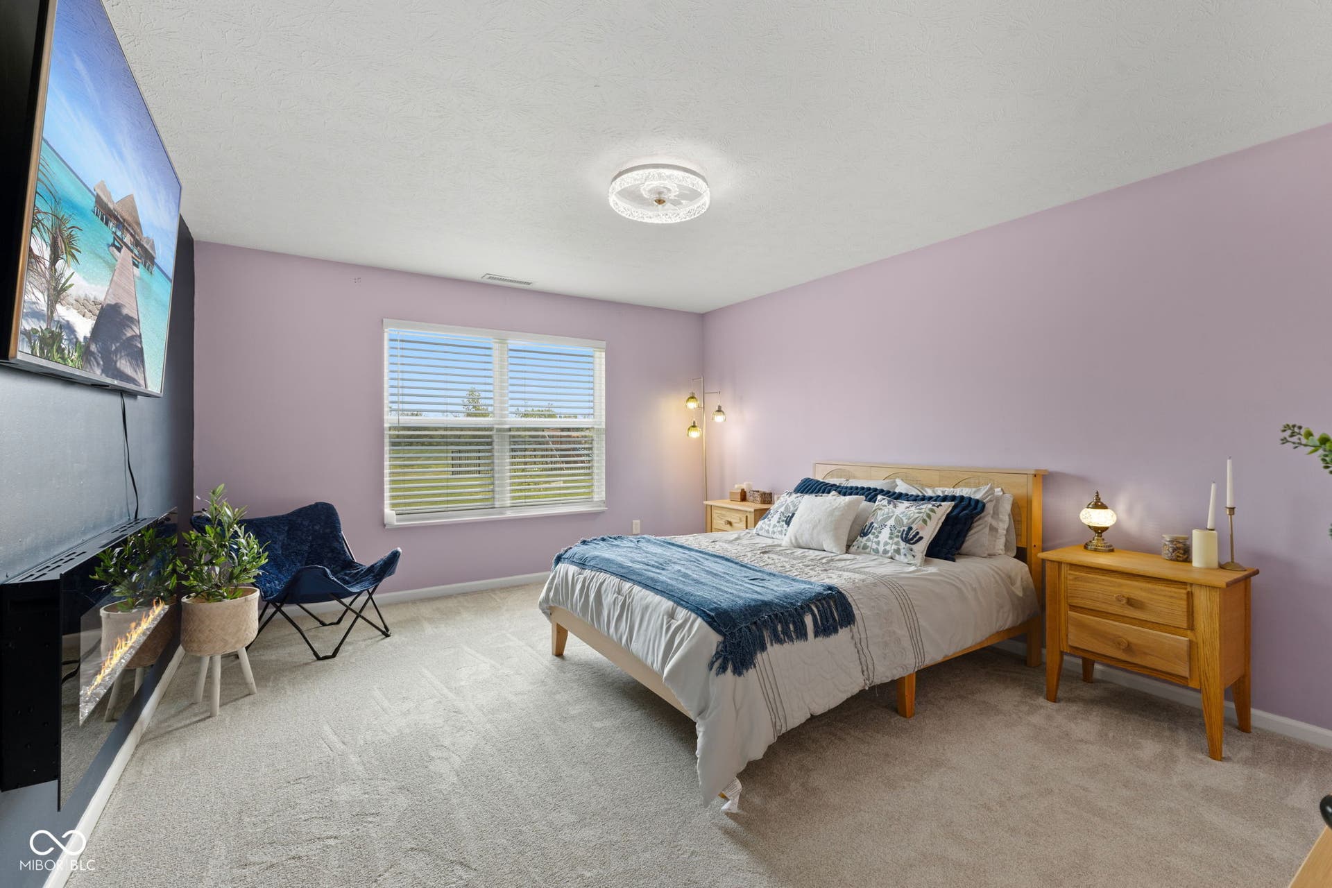 4643 Darla Court, Indianapolis, IN 46239 Plush carpeting, an electric fireplace, a ceiling-mounted light fixture, and a window with blinds