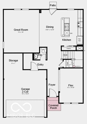 First Floor Plan - Additional Highlights Include: gas line in kitchen, uncovered patio, and water softener rough-in