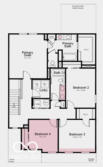 Second Floor Plan - Additional Highlights Include: gas line in kitchen, uncovered patio, custom vinyl plank in bathrooms, and water softener rough-in