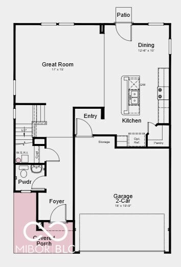 First Floor Plan - Additional Highlights Include: gas line in kitchen, uncovered patio, custom vinyl plank in bathrooms, and water softener rough-in