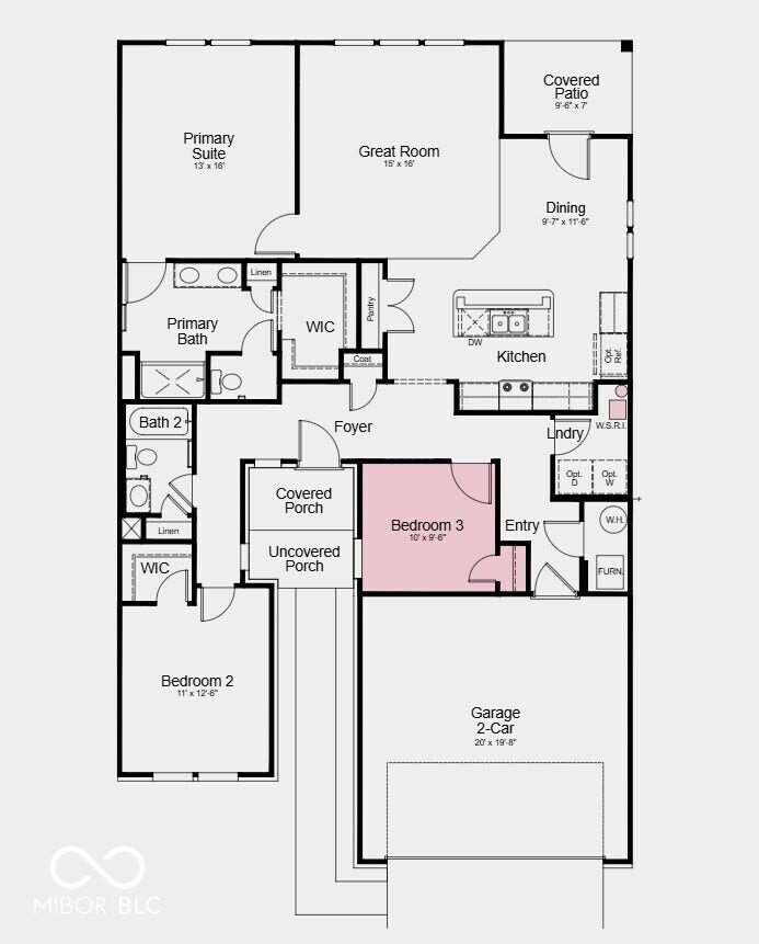 2185 Aviary Lane, Danville, IN 46122 Floor Plan - Additional Highlights Include: water softener rough-in located in the laundry room, gas line added to the kitchen and RevWood flooring in the great room