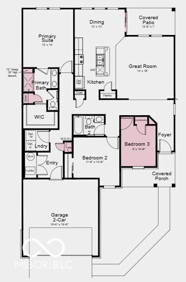 Floor Plan - Additional Highlights Include: gas line added, water softener rough-in, sliding door from great room to patio, and RevWood at great room
