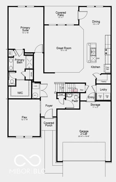 First Floor Plan - Additional Highlights Include: RevWood flooring in great room, 42" upper kitchen cabinets, gas line in kitchen, water softener rough-in, and additional hose bib