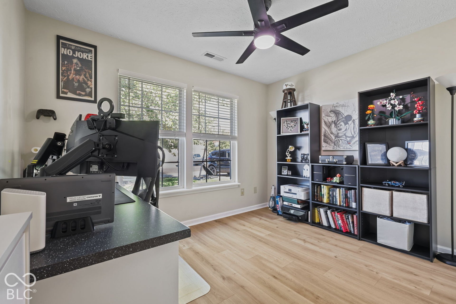Wood-finish flooring, dual windows with grid inserts, and a modern black ceiling fan with integrated lighting