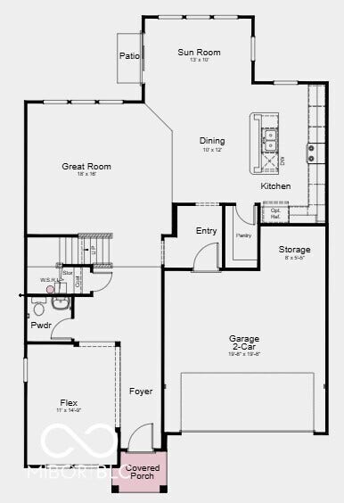 First Floor Plan - Additional Highlights Include: RevWood flooring in great room, gas line in kitchen, and water softener rough-in