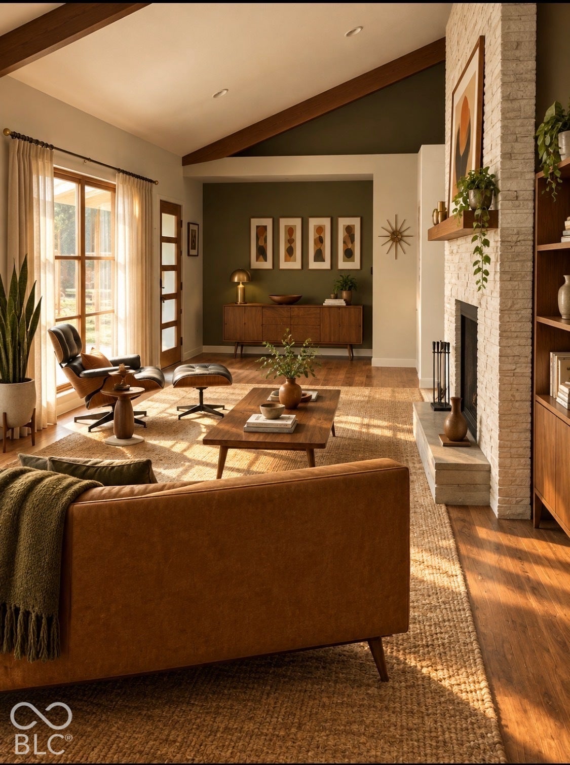 Virtually Altered - Vaulted ceiling with exposed wood beams, wood-frame window, stone fireplace with hearth, built-in shelving, and wood-finish flooring