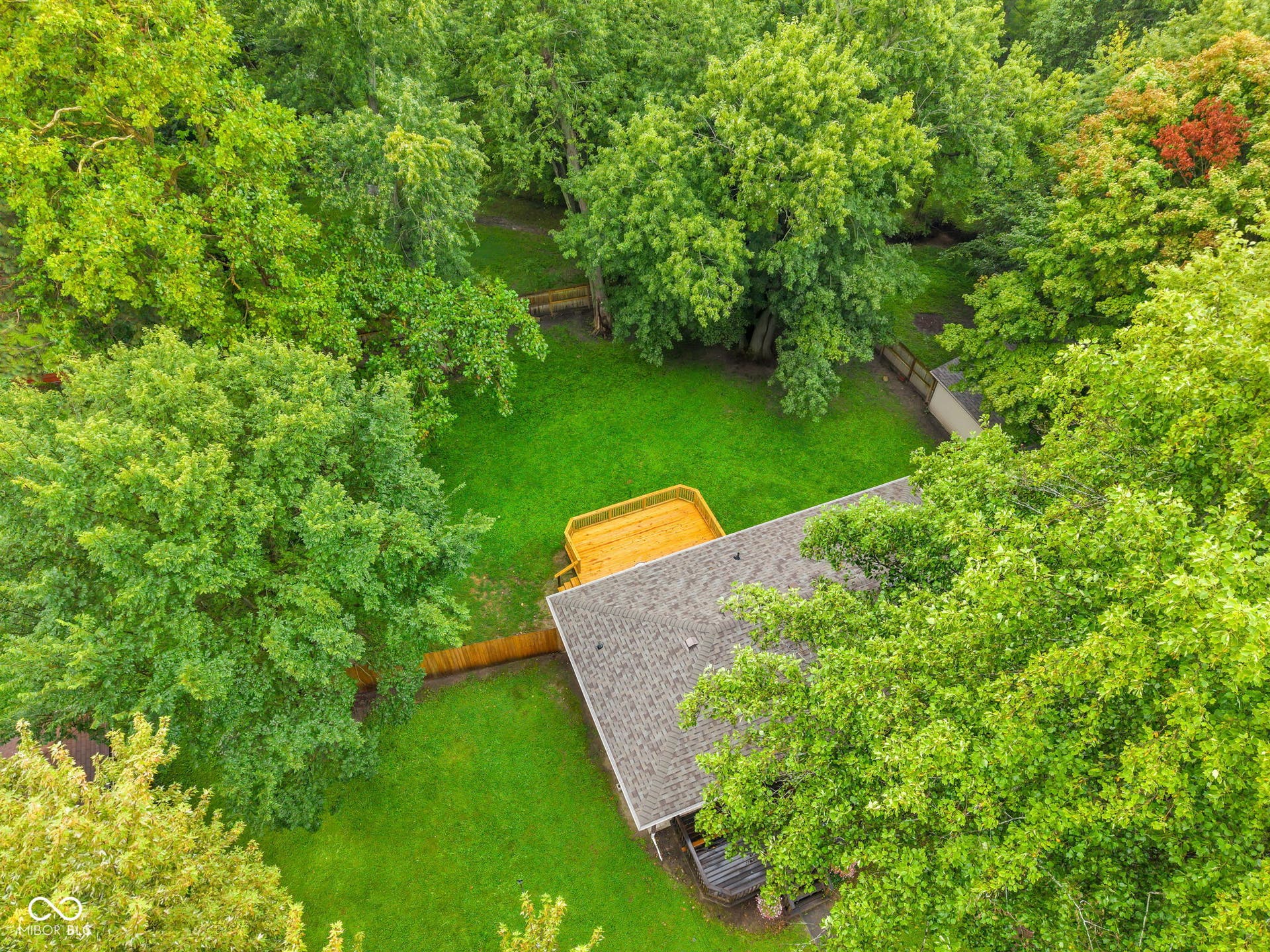 Mature trees surrounding a lush green lawn, private fencing, and a wood-finish deck