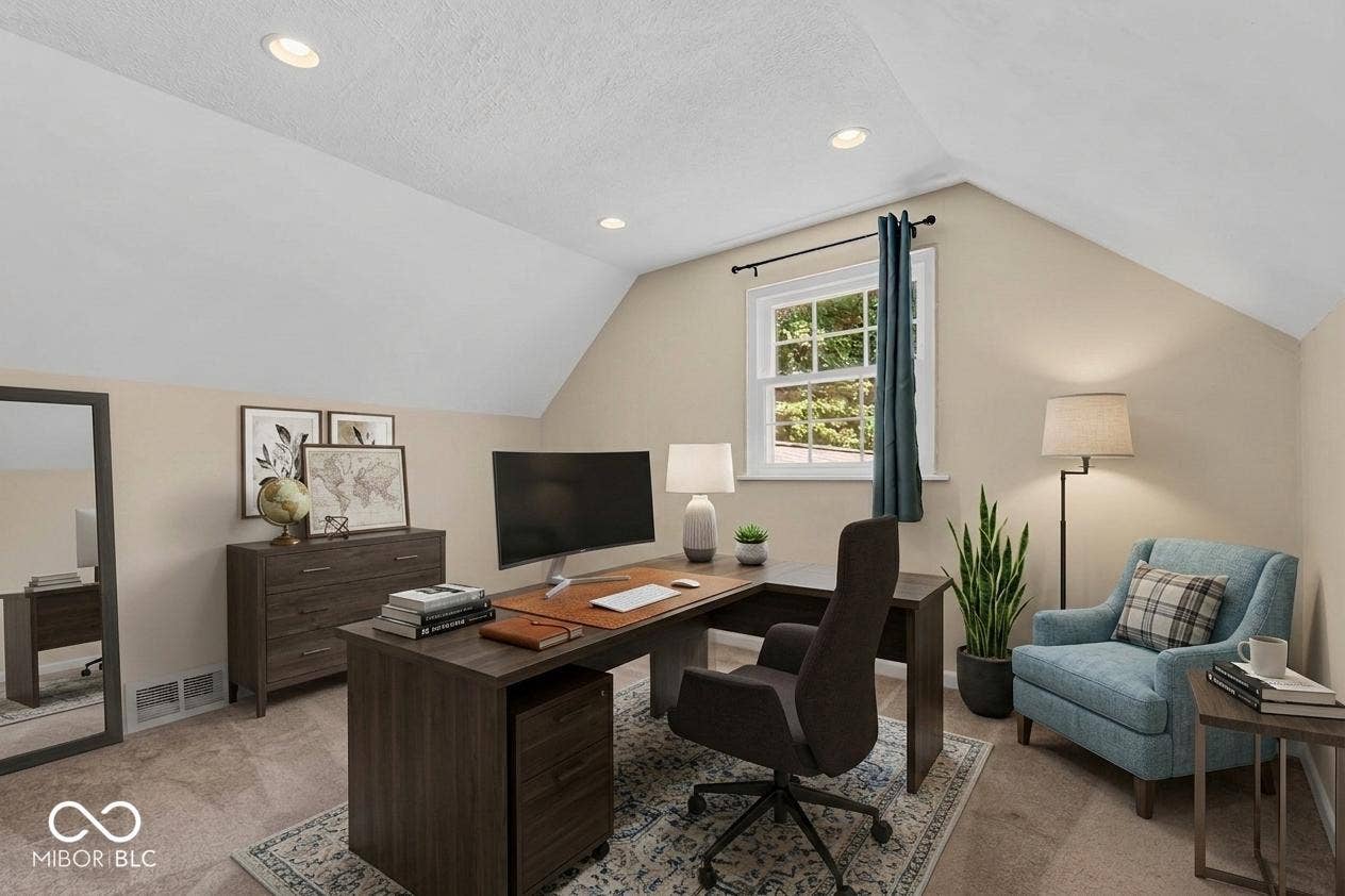 Angled ceiling with recessed lighting