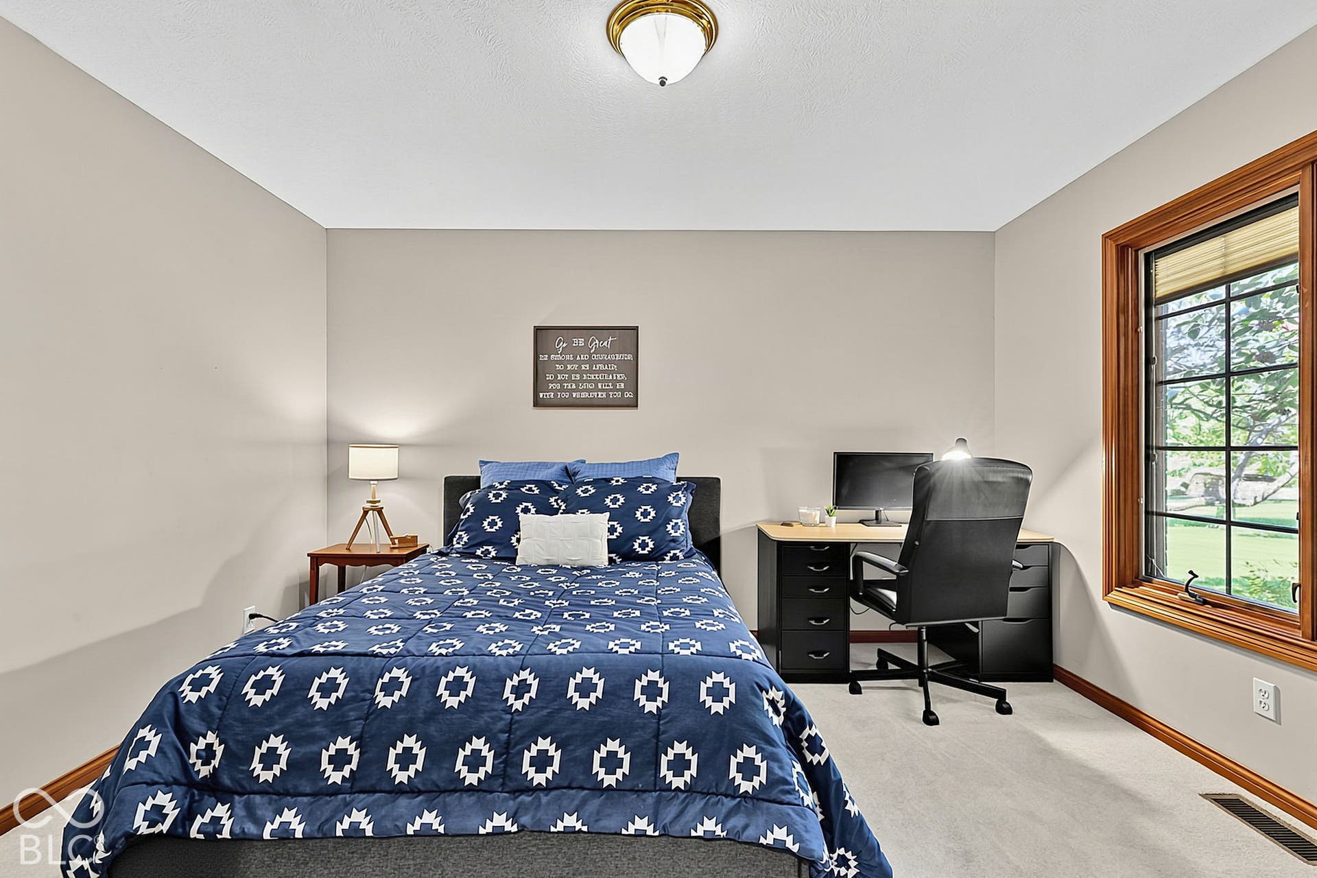 Carpeted room featuring a single window with wood-finish trim, a flush mount ceiling light, and light-colored walls
