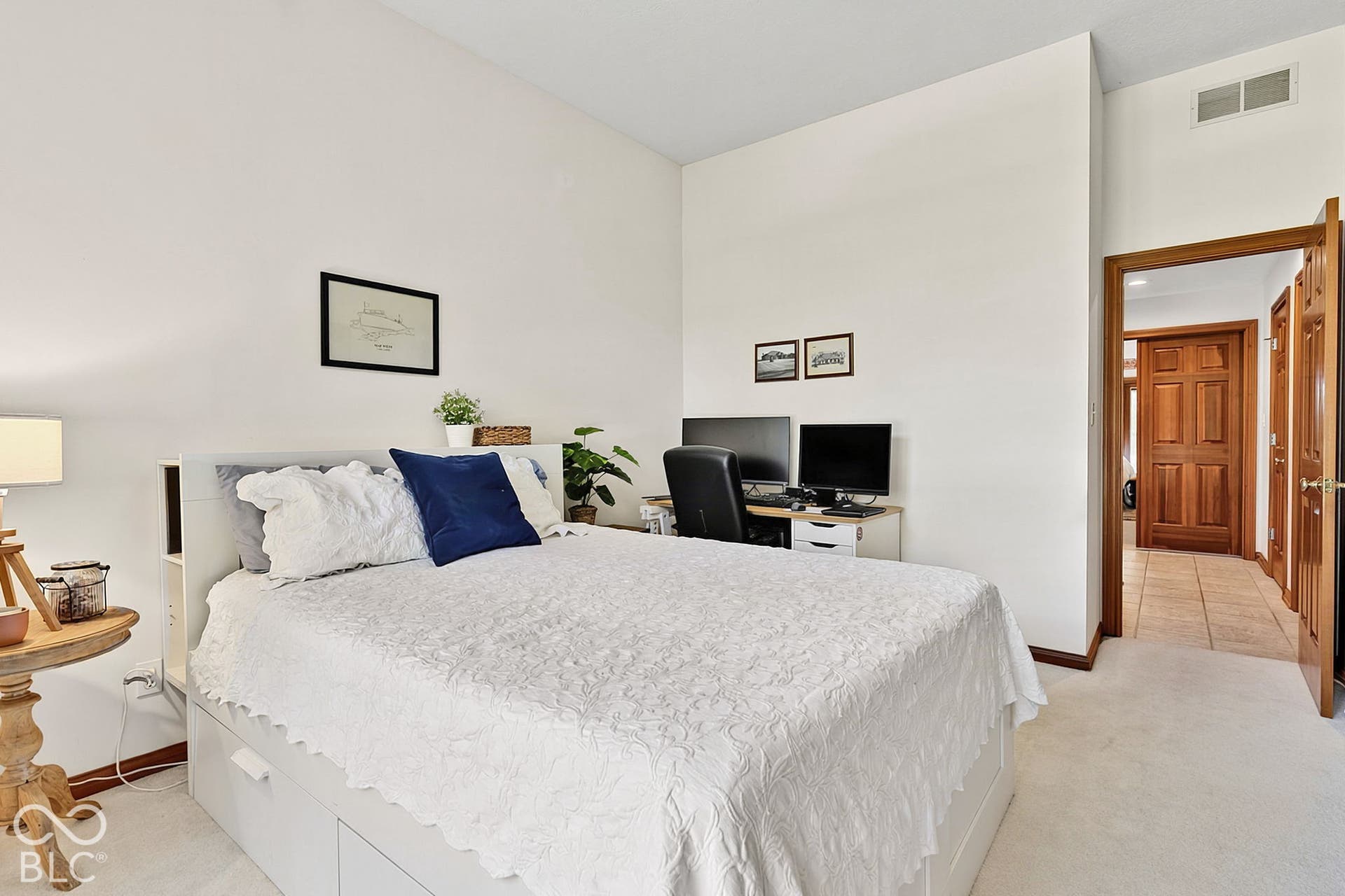 White walls and carpeted flooring