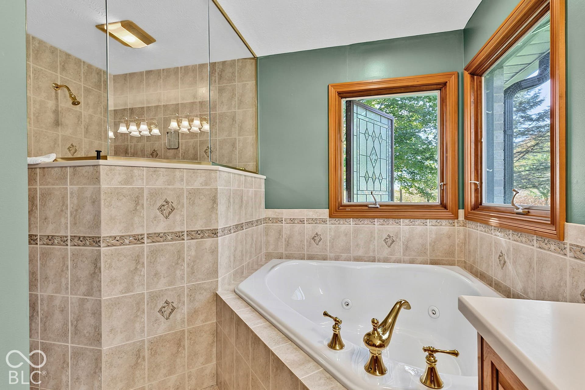 Built-in jetted tub with brass fixtures, wood-framed casement windows, tiled shower enclosure with a brass showerhead, and mirrored wall accents