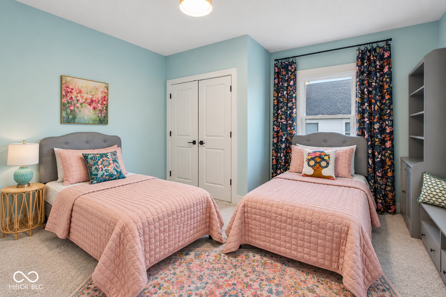 Bedroom 3: Light blue walls with white trim, two white paneled doors with black hardware, and a single window with black curtain rod