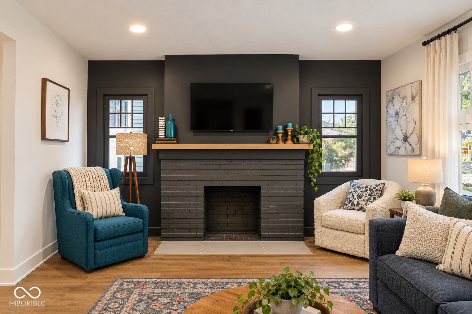 Virtually Altered - Wood-finish flooring with a brick-surround fireplace and wood mantel