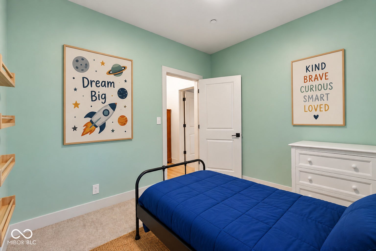 Virtually Altered - bedroom 2: Light green wall paint with an interior door featuring a dark handle