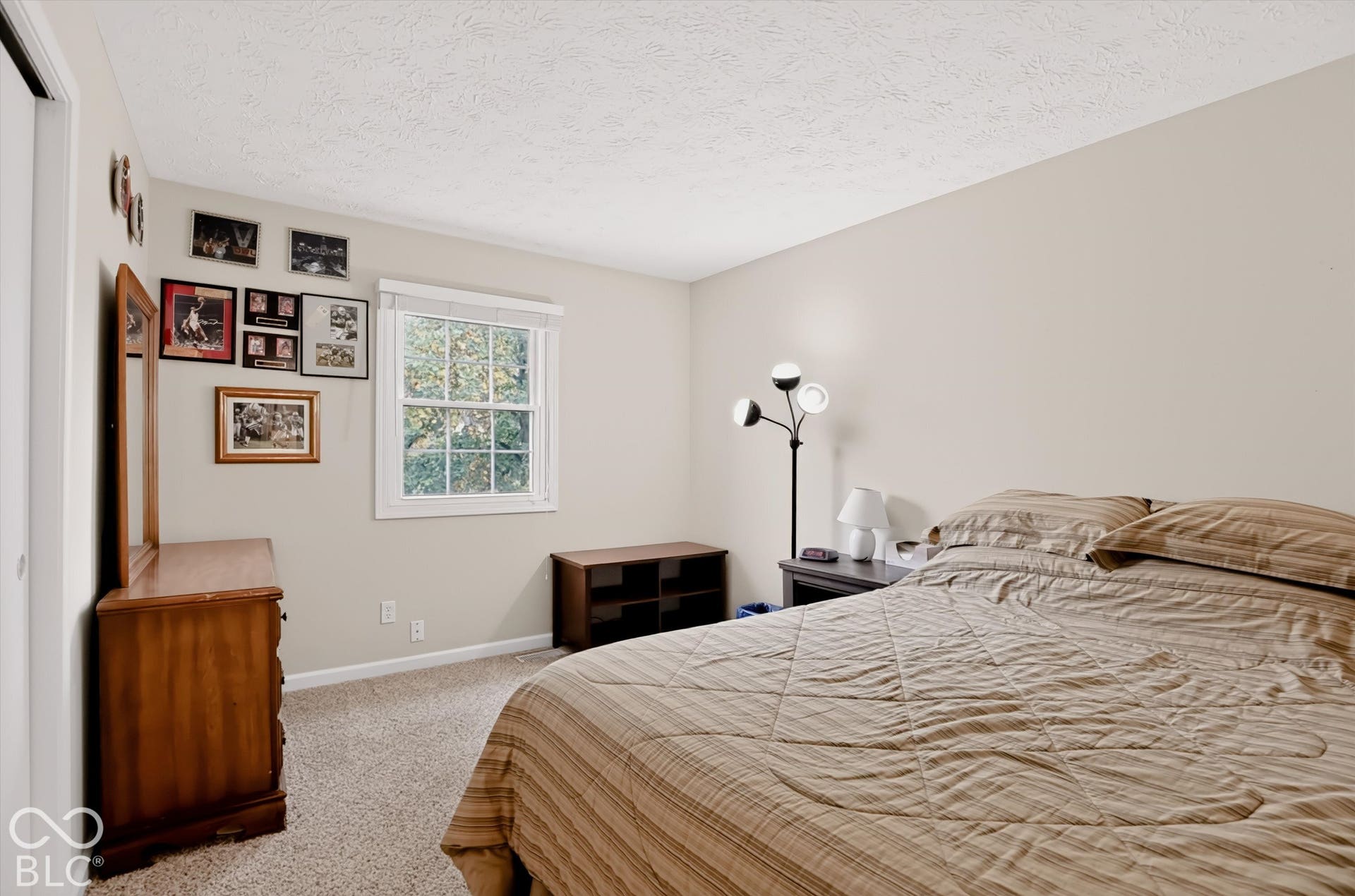 Bedroom featuring neutral wall paint, carpeted flooring, and a window with white trim