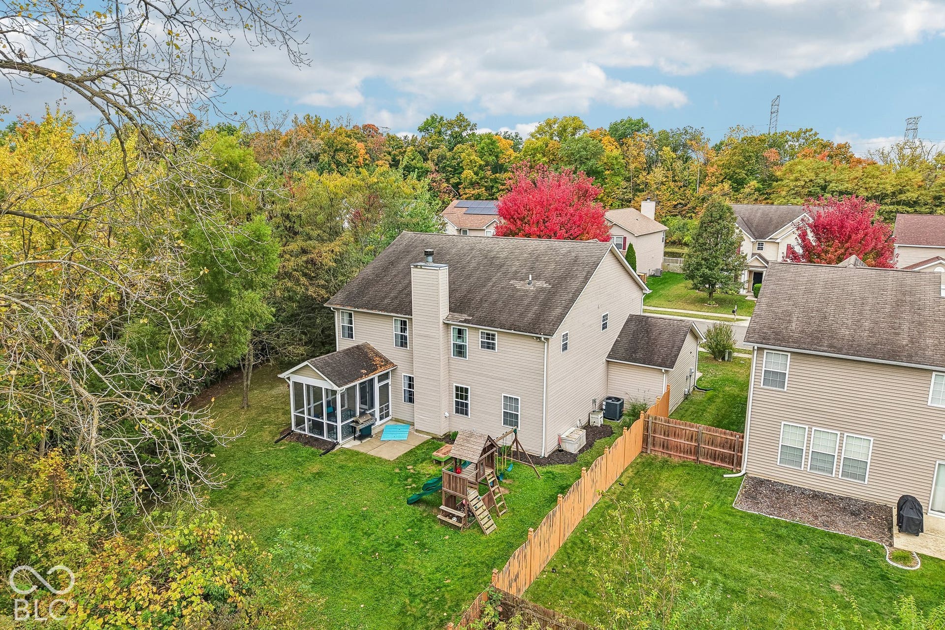 Aerial view from behind the home