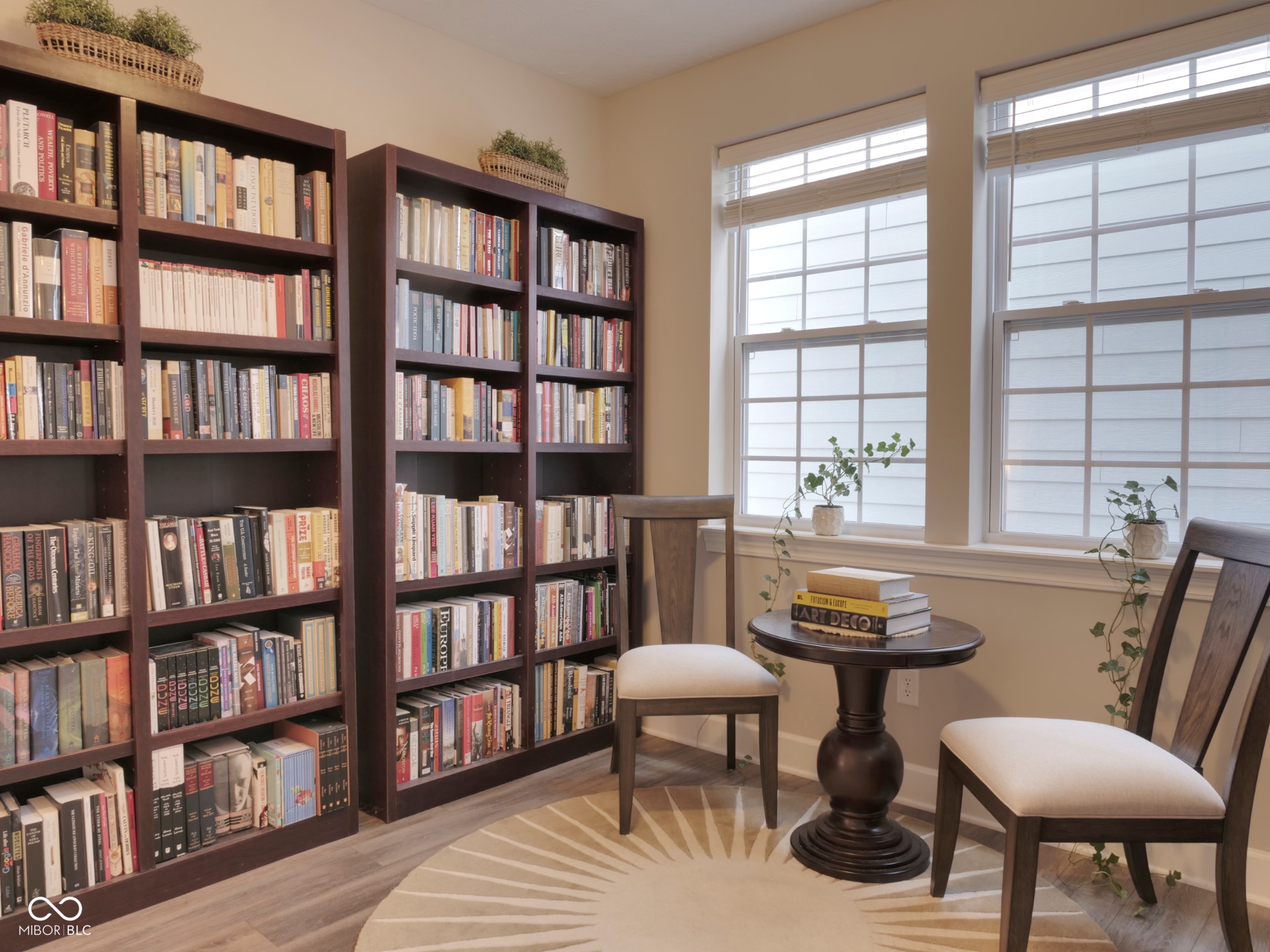 Built-in shelving units, two large windows with blinds, wood-finish flooring, and light-toned walls