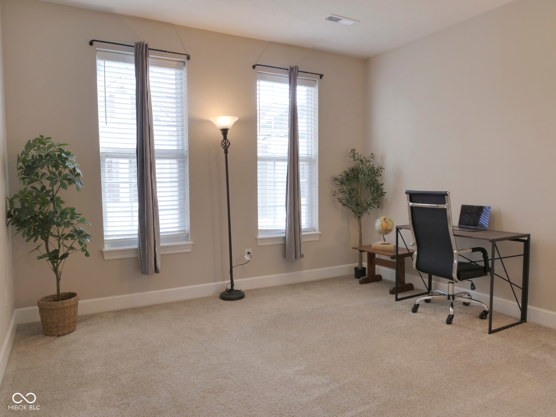 Soft pile carpeting, multiple windows with blinds, and neutral painted walls