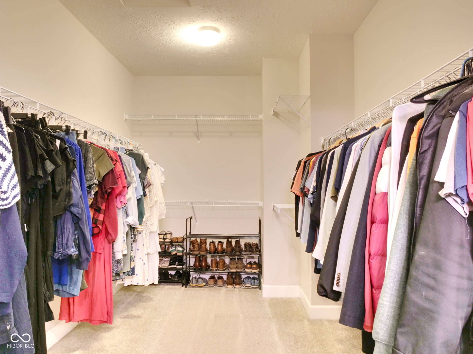 Primary Walk-in closet with carpet flooring, flush mount lighting, and wire shelving system