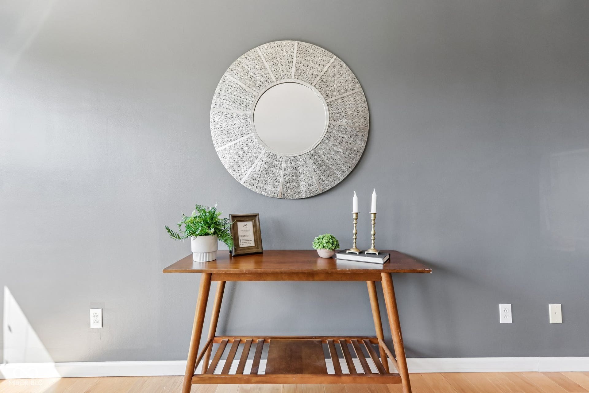 Gray wall paint with white trim