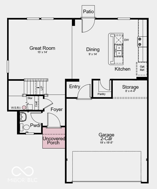 8730 Comstock Court, Camby, IN 46113 First Floor Plan - Additional Highlights Include: 36" upper kitchen cabinets, 12x12 uncovered patio, and water softener rough-in at understairs storage