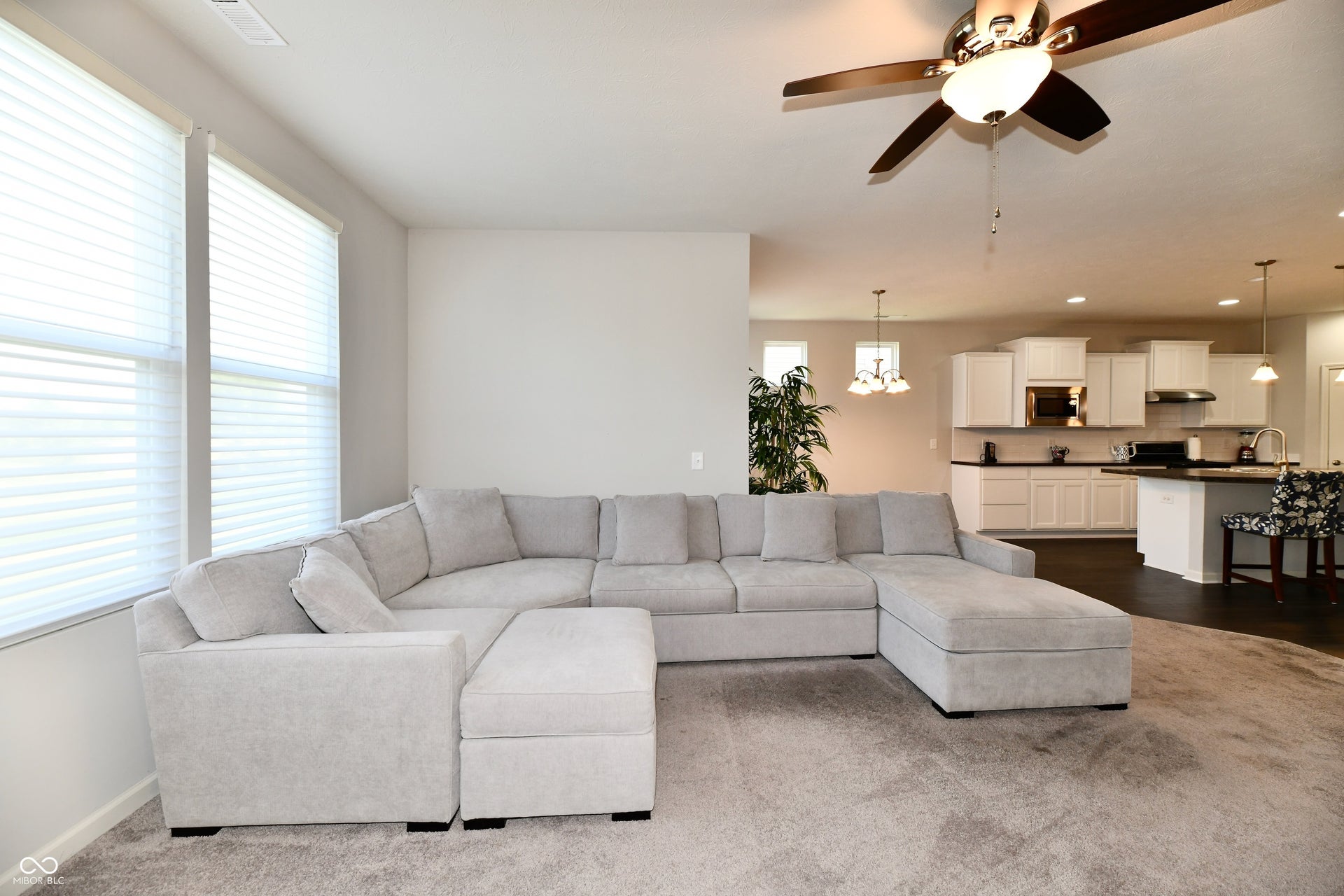 Open-concept living area with a ceiling fan, dual windows with blinds