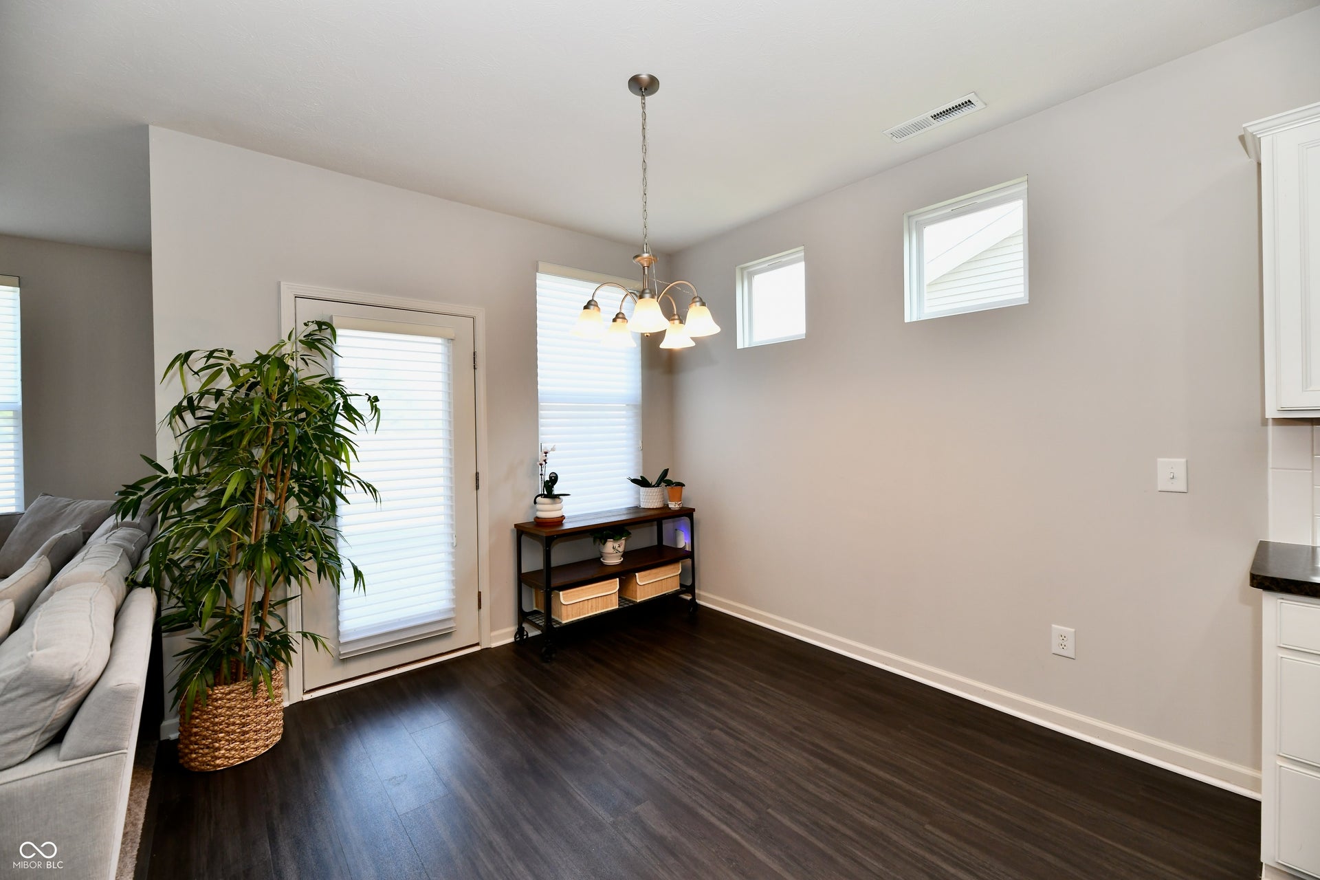 Dark wood-finish flooring, white trim, and light gray walls