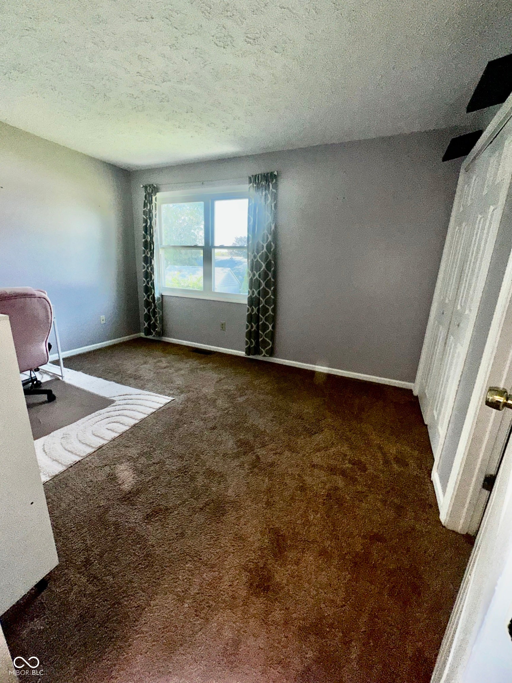 Neutral wall tones, window with natural light, textured ceiling, and plush carpeting
