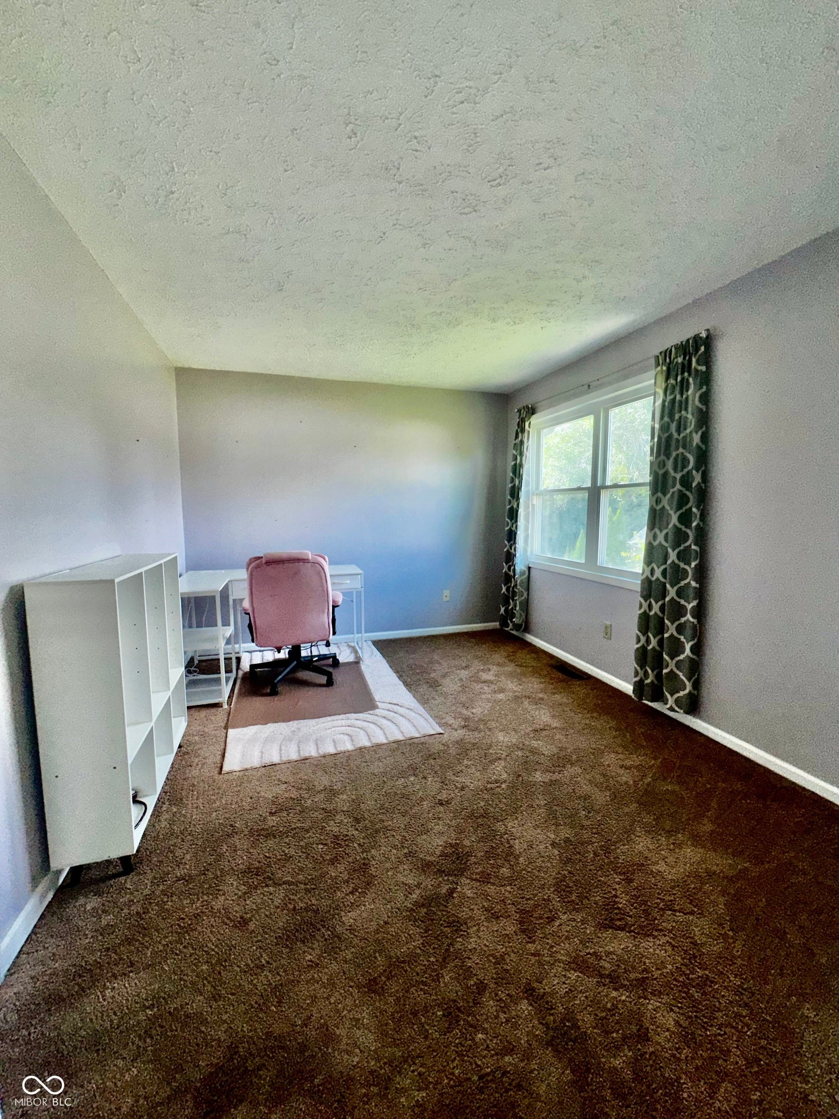 Room featuring a window, brown carpet, and light-colored walls