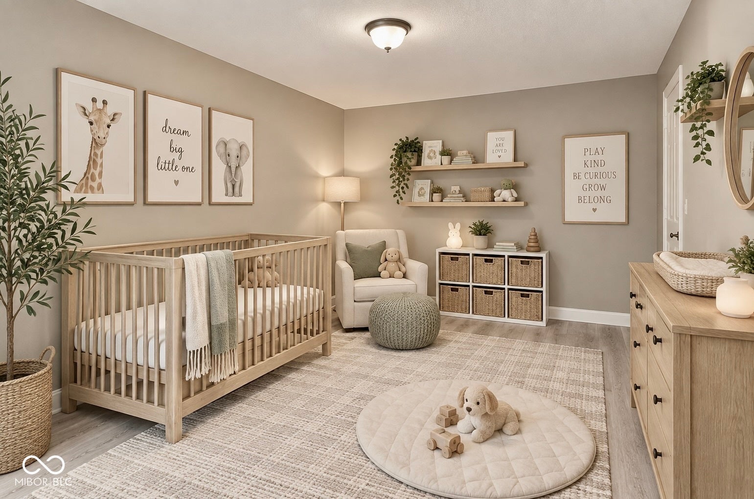 Virtually Altered - Wood-finish flooring with a neutral area rug