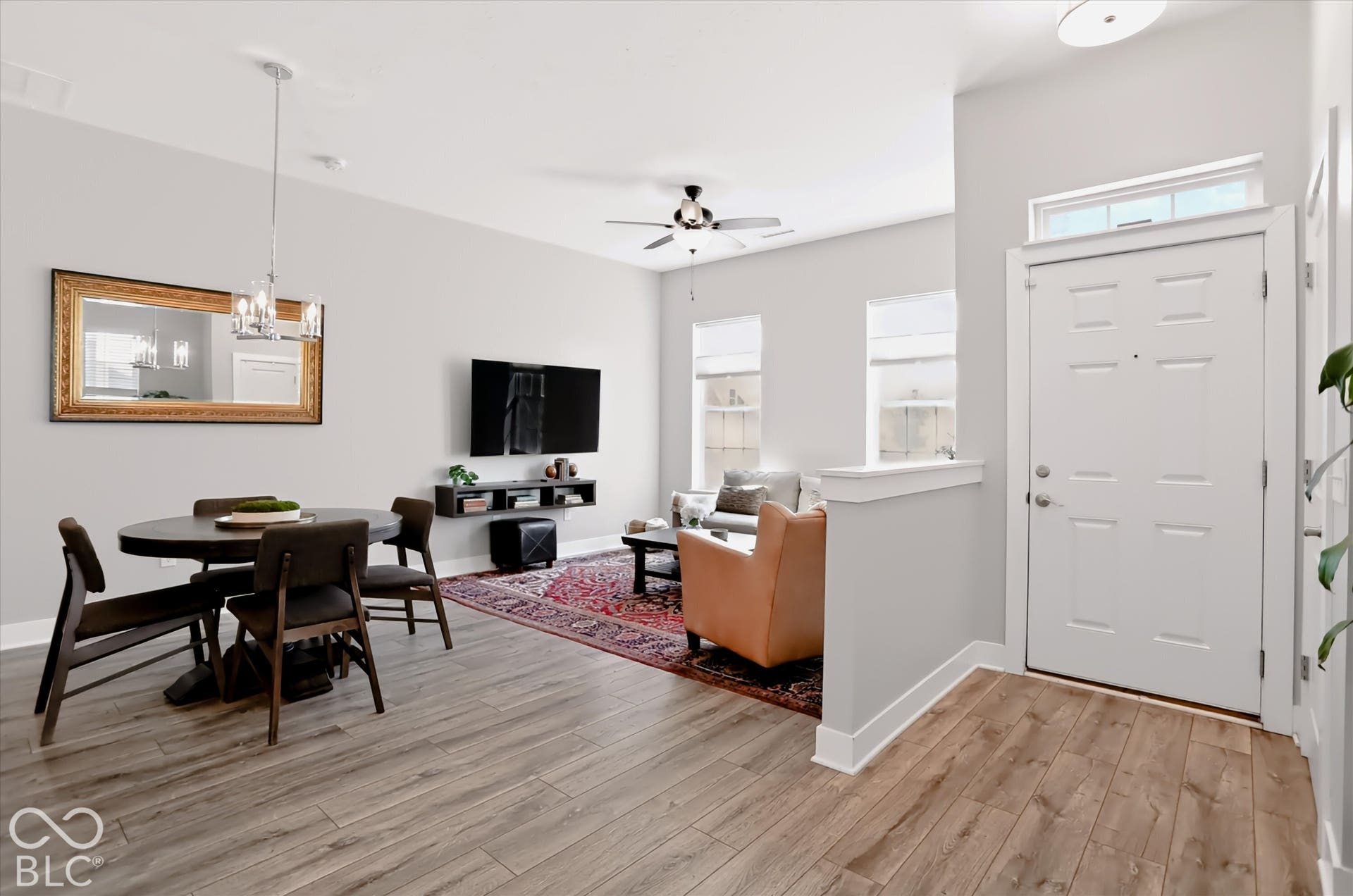 Wood-finish flooring throughout the main living areas