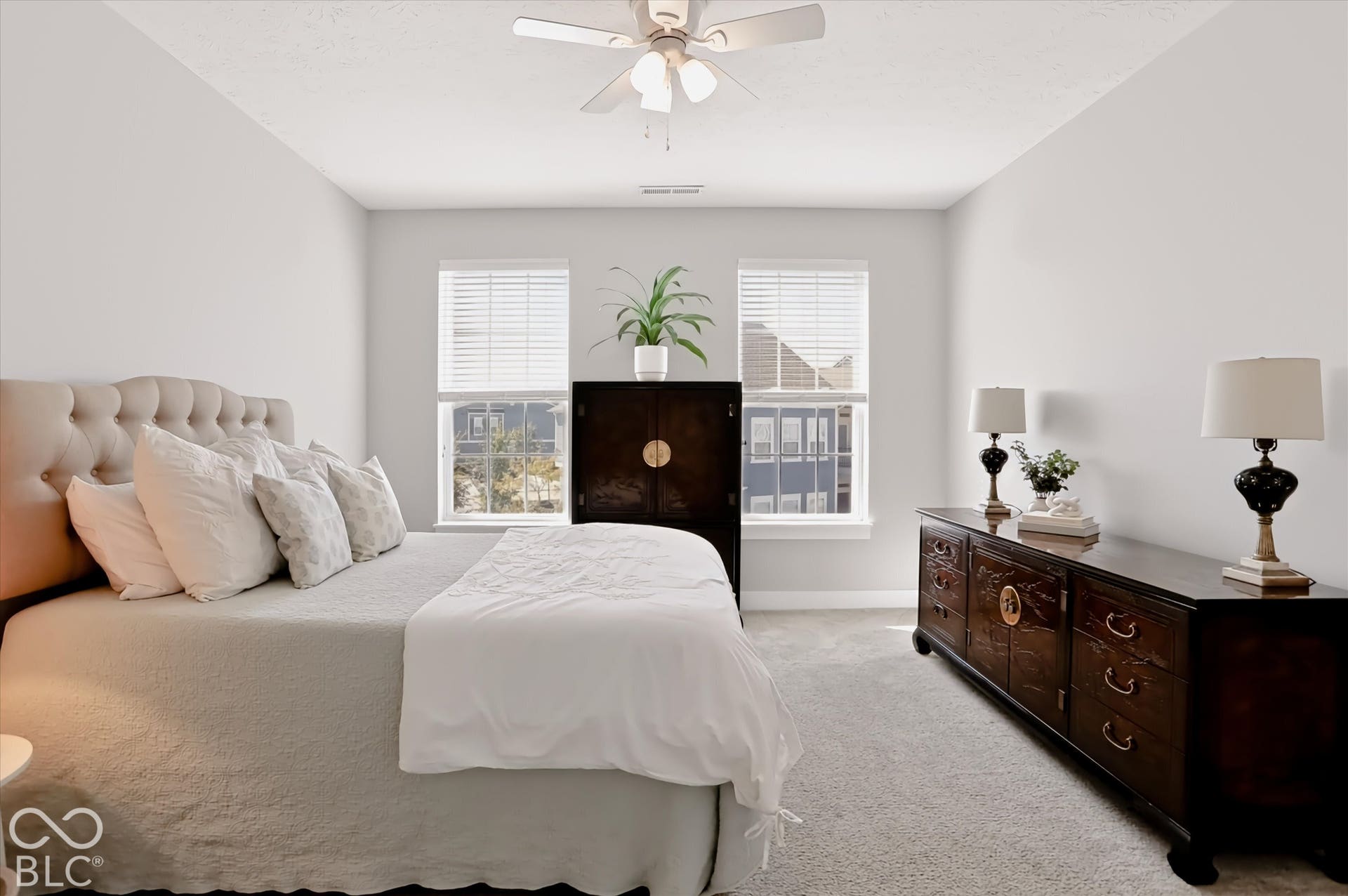 Carpeted flooring with light-colored walls, featuring two windows with horizontal blinds