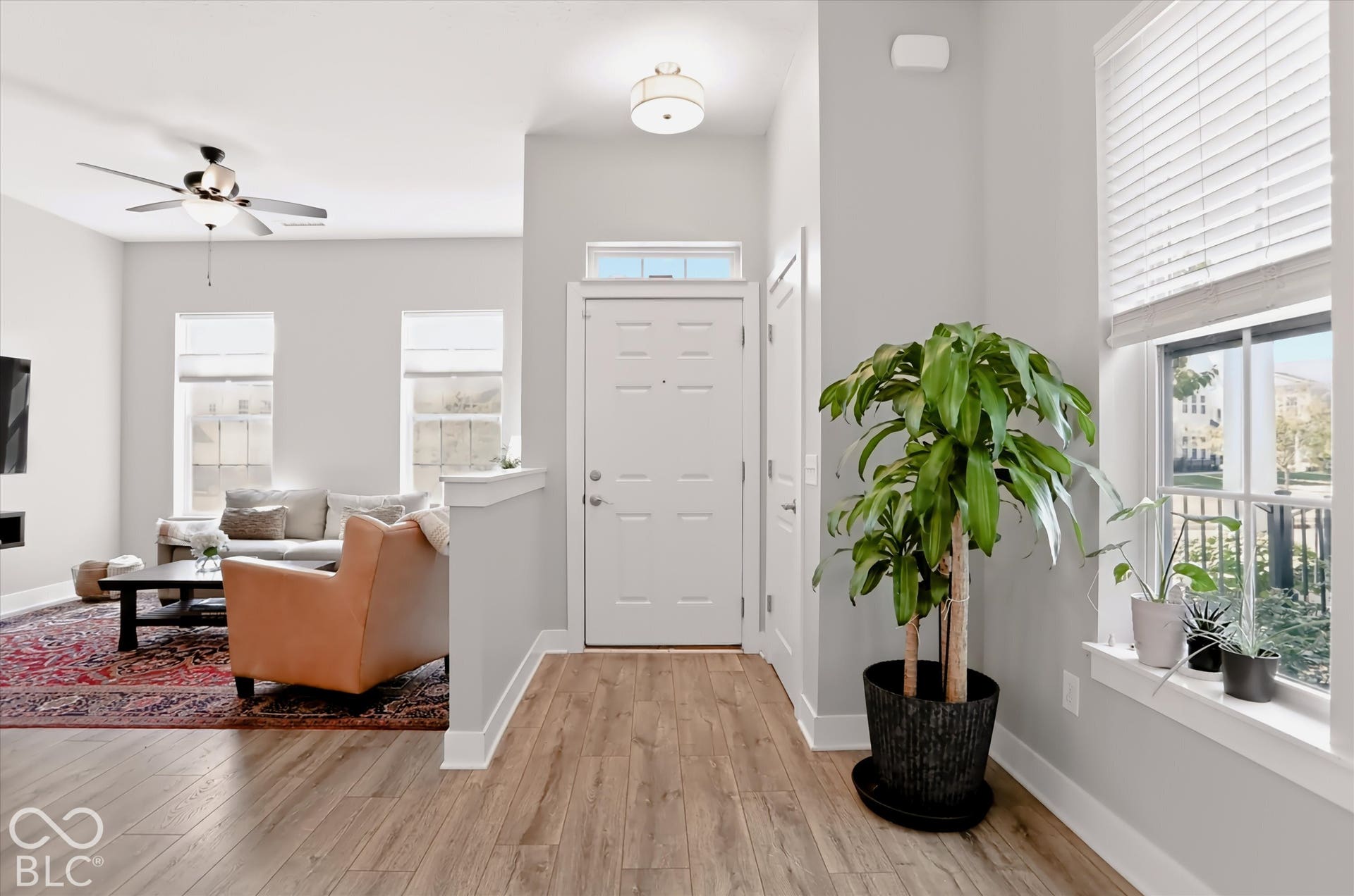 Wood-finish flooring throughout the entry, ceiling fan in the living space, and a transom window above the entry door