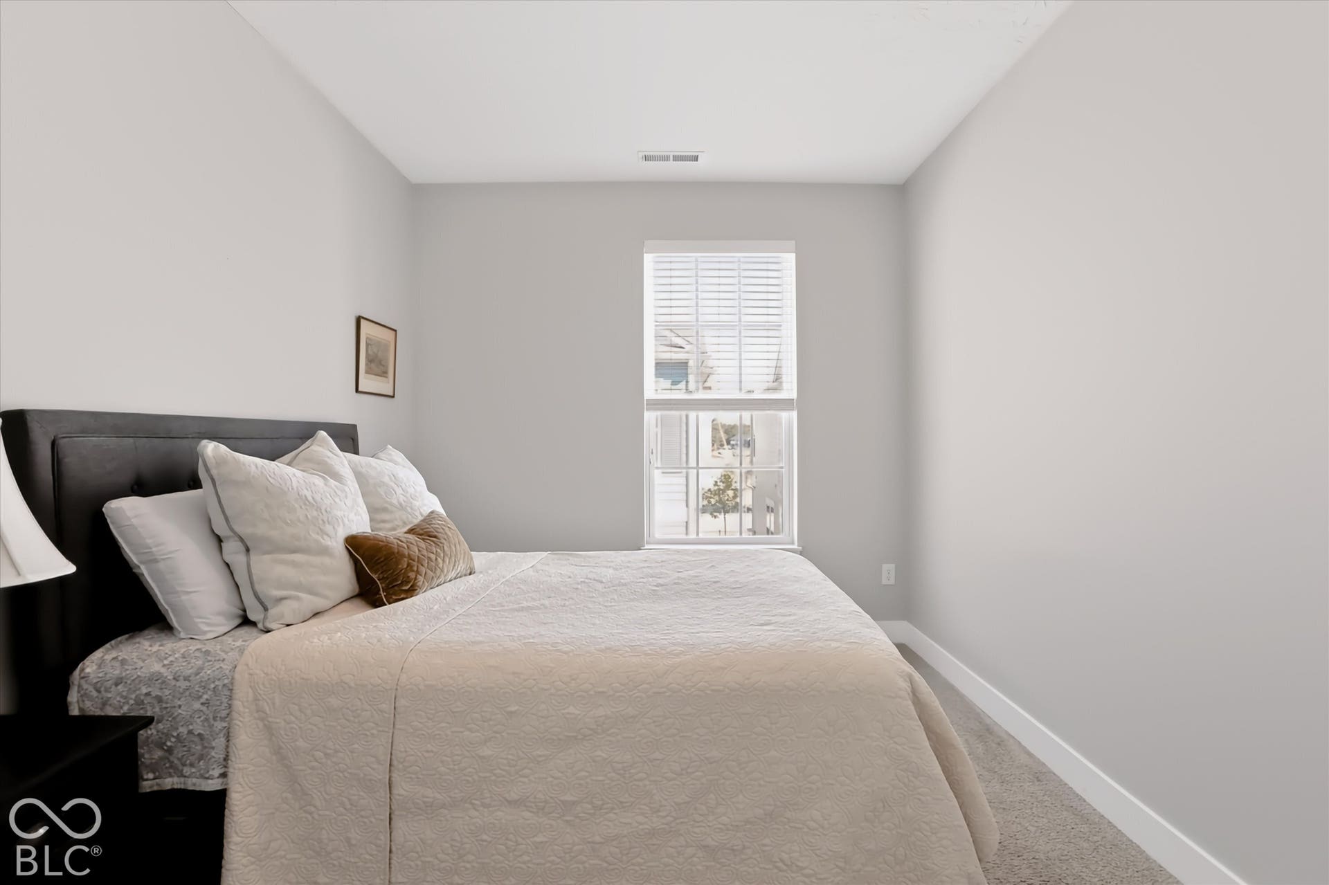 Carpeted flooring, window with blinds, light gray wall paint, white trim
