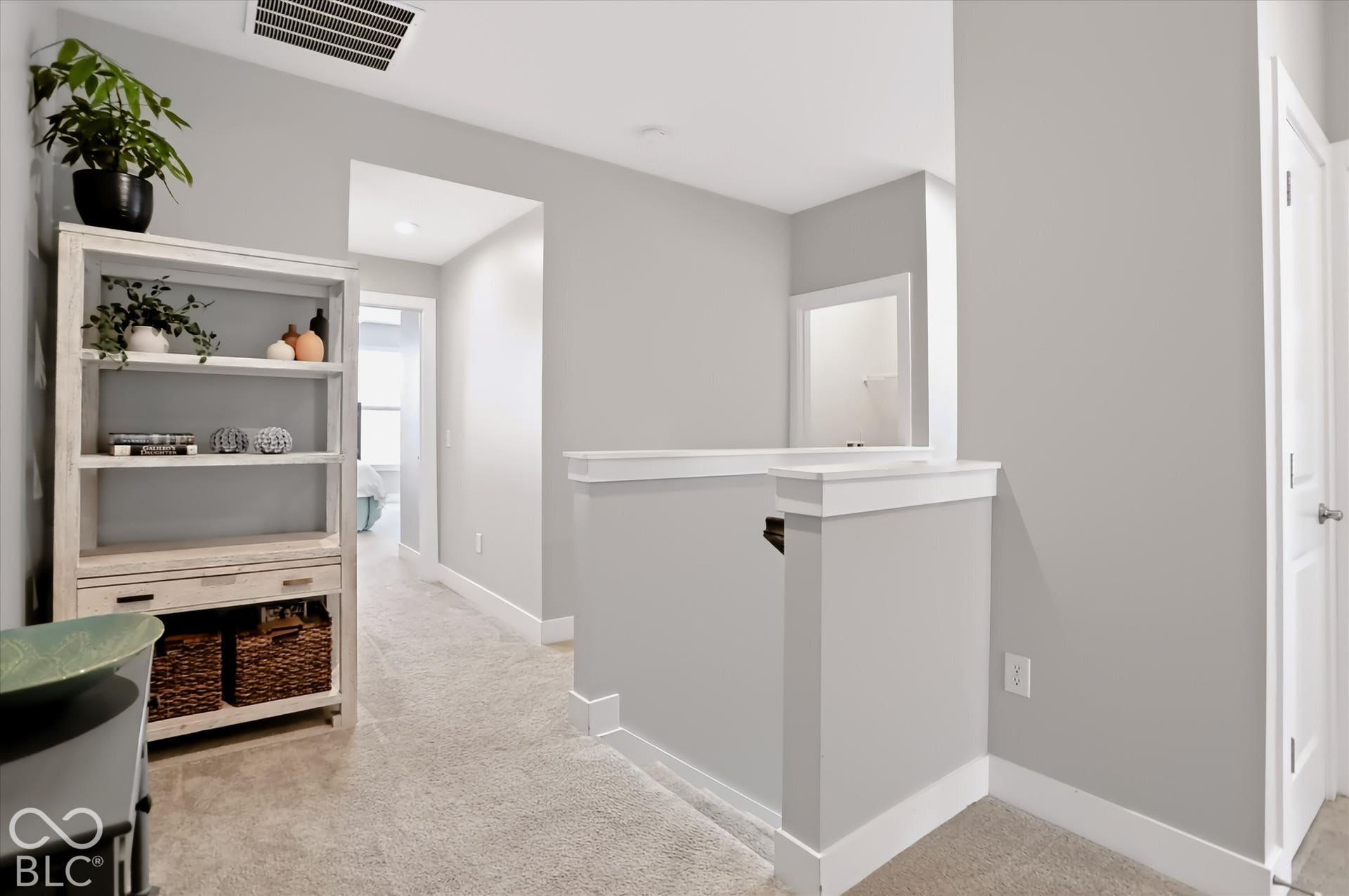 Carpeted flooring, light gray wall tones, and white trim throughout