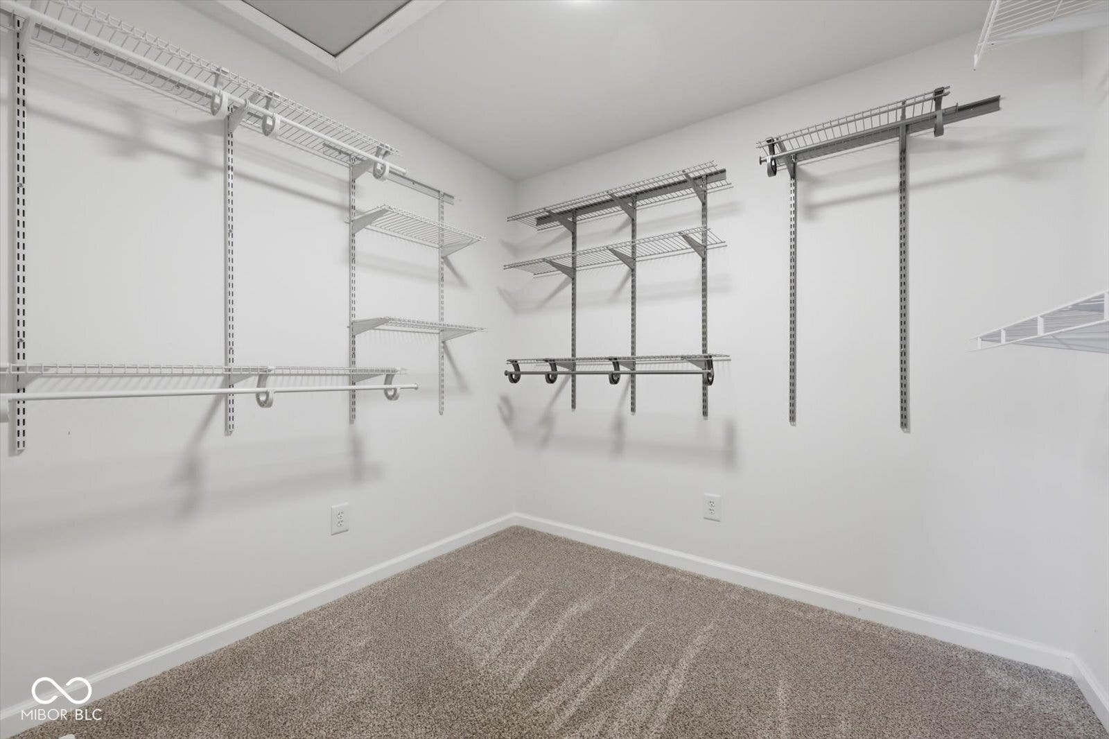 Walk-in closet with carpet flooring, white walls, and built-in wire shelving