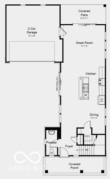 First Floor Plan - Additional Highlights Include: Kitchen island wrap, 84" vanity in primary bath, gas line and 110V outlet in kitchen, and water softener rough-in in laundry room