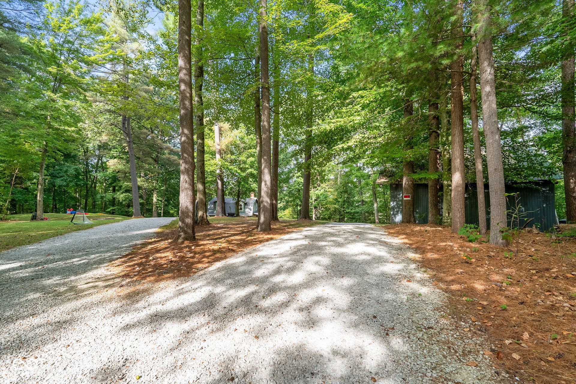 Gravel driveway framed by mature trees, leading to a visible residence and outbuilding