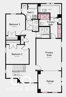 Second Floor Plan - Additional Highlights Include: 84" vanity at primary bath, bench and shelf at primary shower, 6'x8' sliding door at dining, 8'x8' sliding door at covered atrium, and water softener rough-in