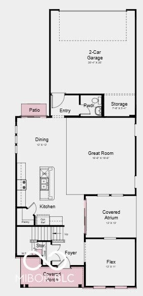 First Floor Plan - Additional Highlights Include: 84" vanity at primary bath, bench and shelf at primary shower, 6'x8' sliding door at dining, 8'x8' sliding door at covered atrium, and water softener rough-in