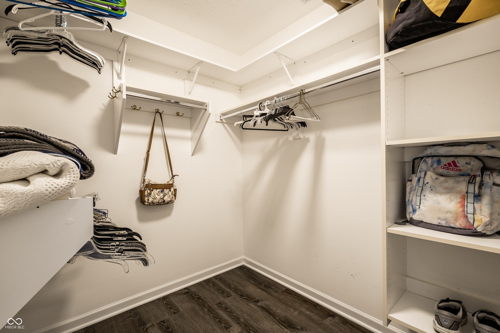Primary Bedroom custom closet system featuring built-in shelving, multiple hanging rods, and wood-finish flooring