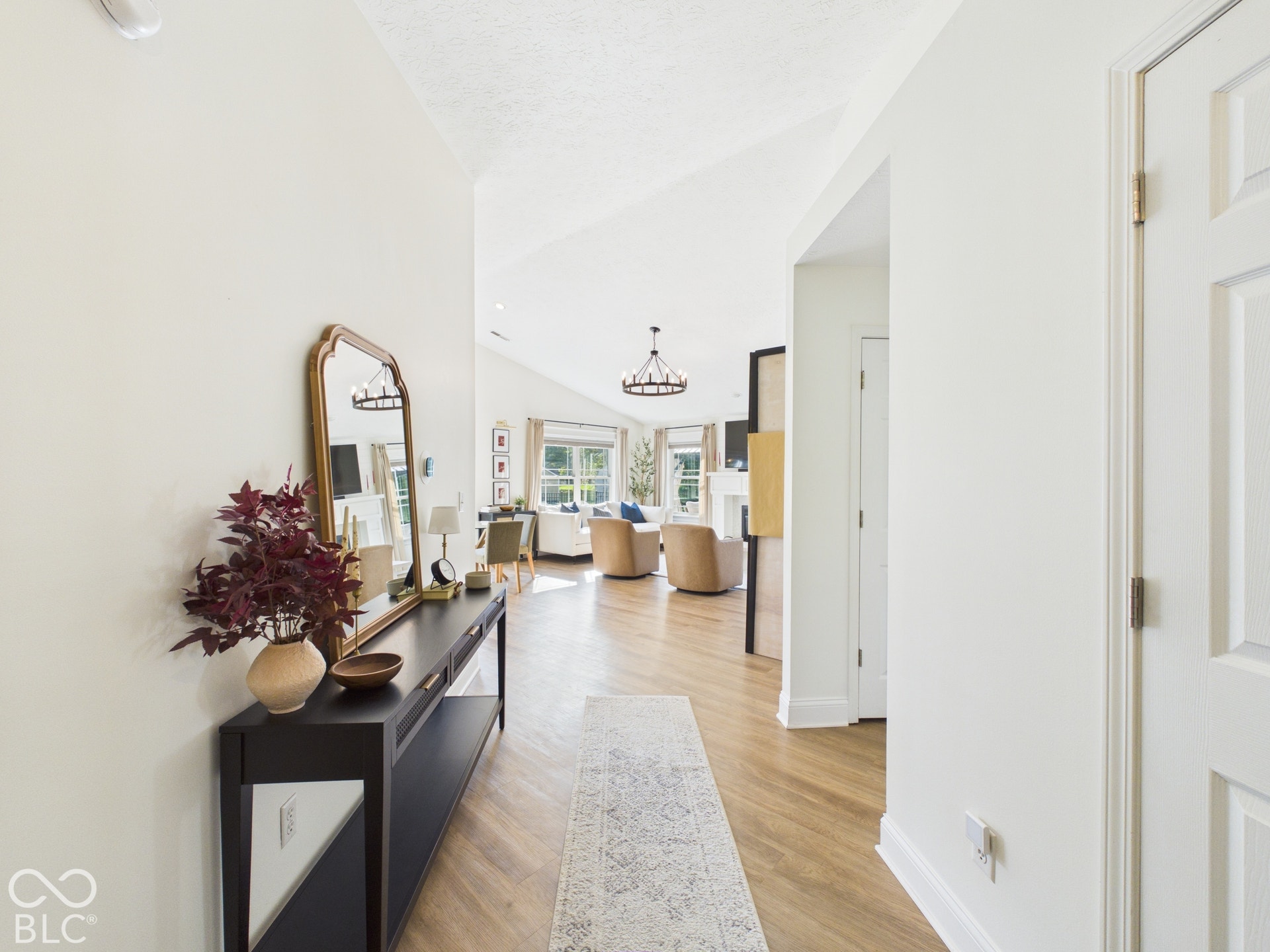 Vaulted ceiling, light wood-finish flooring, white paneled doors, and a black console table