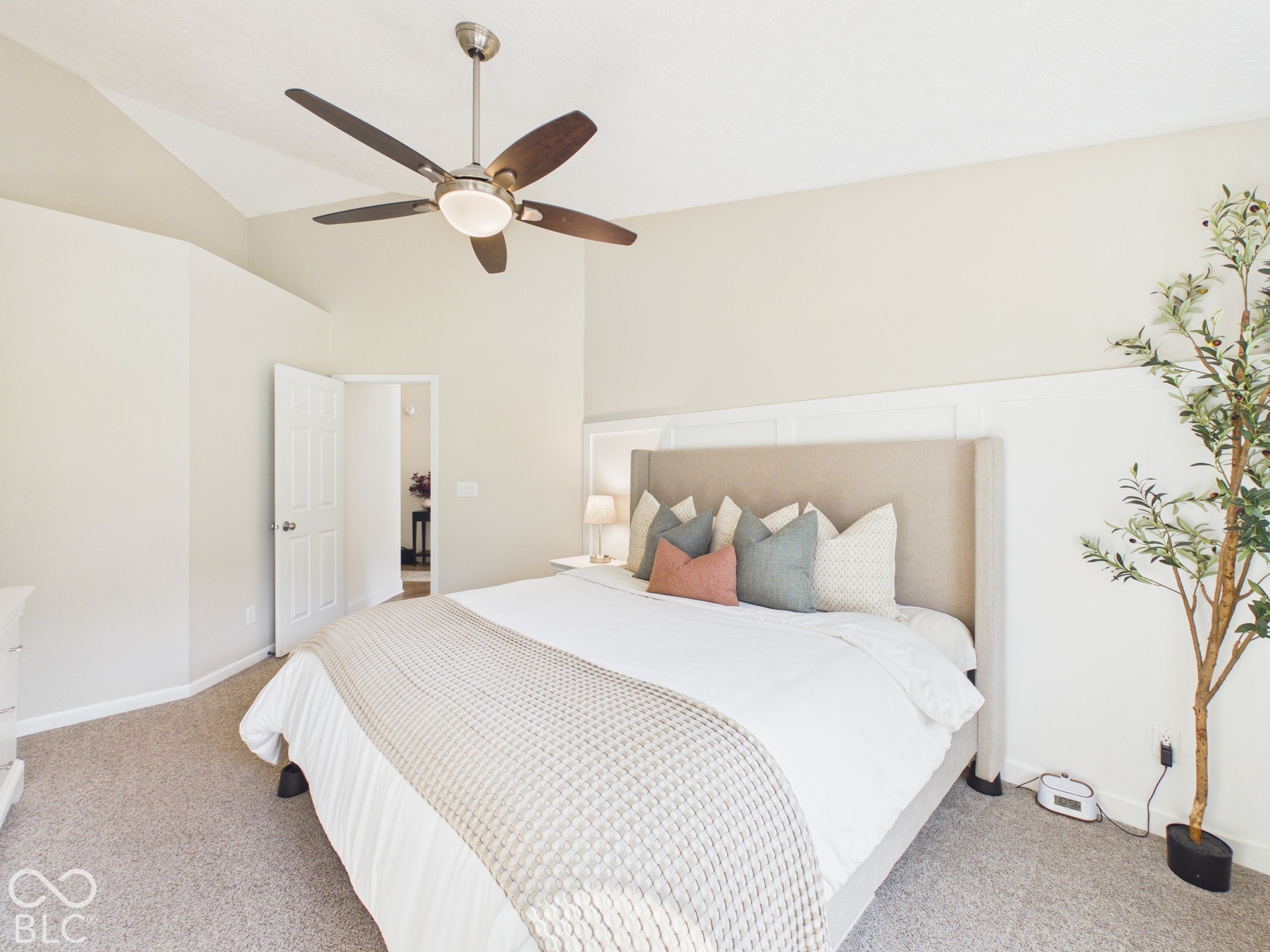 Tray ceiling, ceiling fan with integrated lighting, paneled accent wall, neutral carpeting, and a white interior door
